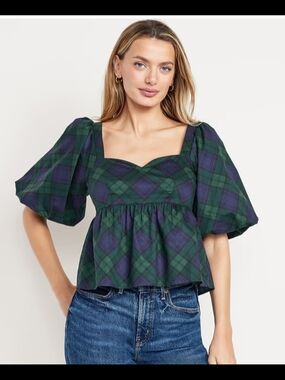 ~Old NavyPuff-Sleeve Plaid Poplin Peplum TopXL
